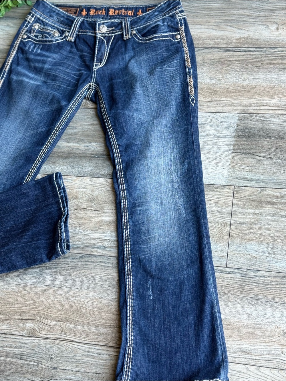 Rock Revival Women's Dark Blue Bootcut Jeans with White Contrast Stitching